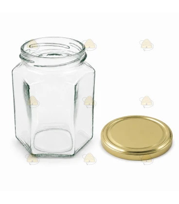 Hexagonale glazen potten 60 stuks - 278 ml / 350 gram, met keuze uit deksels (TO 63 mm)