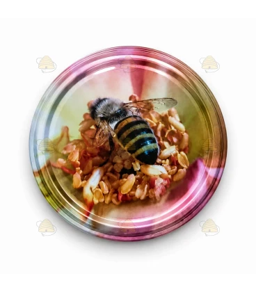 Roze bloem met bij, 63 mm TO deksel, 60 stuks