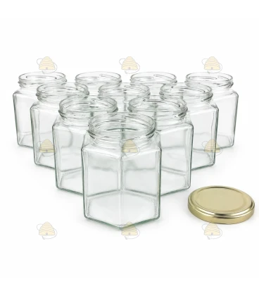 Hexagonale glazen potten 48 stuks - 390 ml / 500 gram, (TO 70 mm)