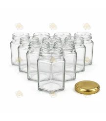 Hexagonale glazen potten 75 stuks - 196 ml / 250 gram, met keuze uit deksels (TO 58 mm)