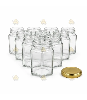 Hexagonale glazen potten 75 stuks - 196 ml / 250 gram, met keuze uit deksels (TO 58 mm)